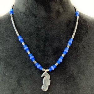 Seahorse Pendant with Hematite and Blue Beads Necklace, 20 inches